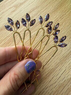 Set of 5 Amethyst Crystal Gold Hair Pins for Brides, Bridesmaids, Galas